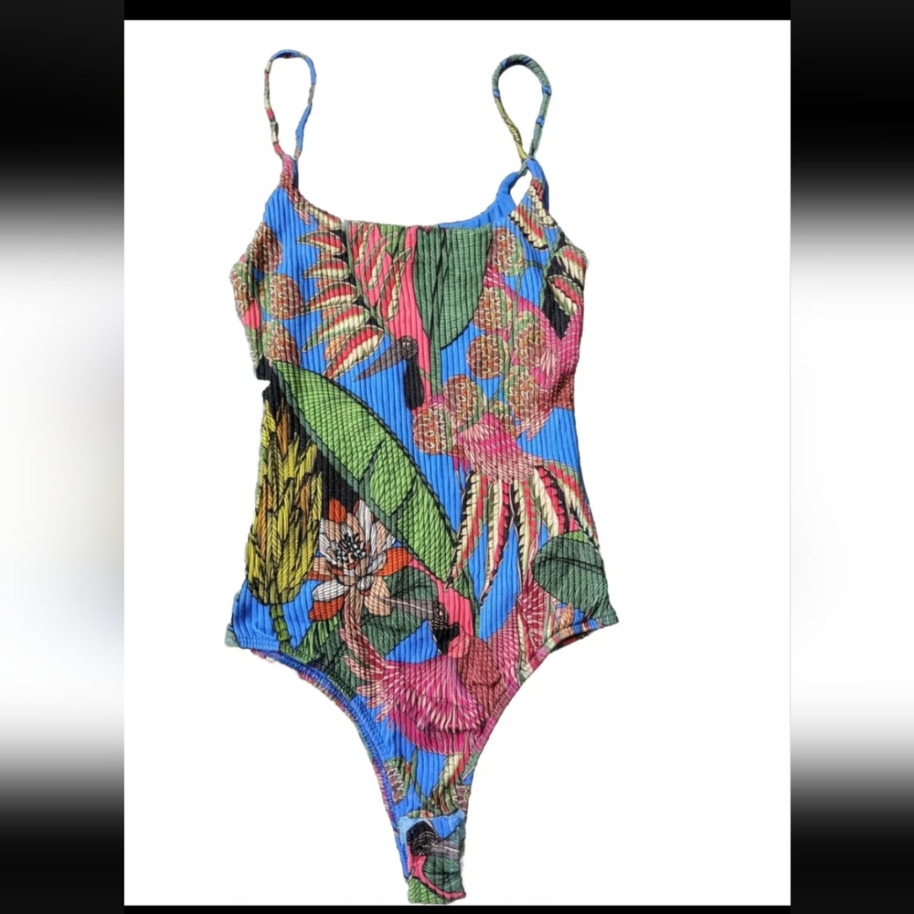 FARM Rio Blue Floral Tropical Ribbed Bodysuit